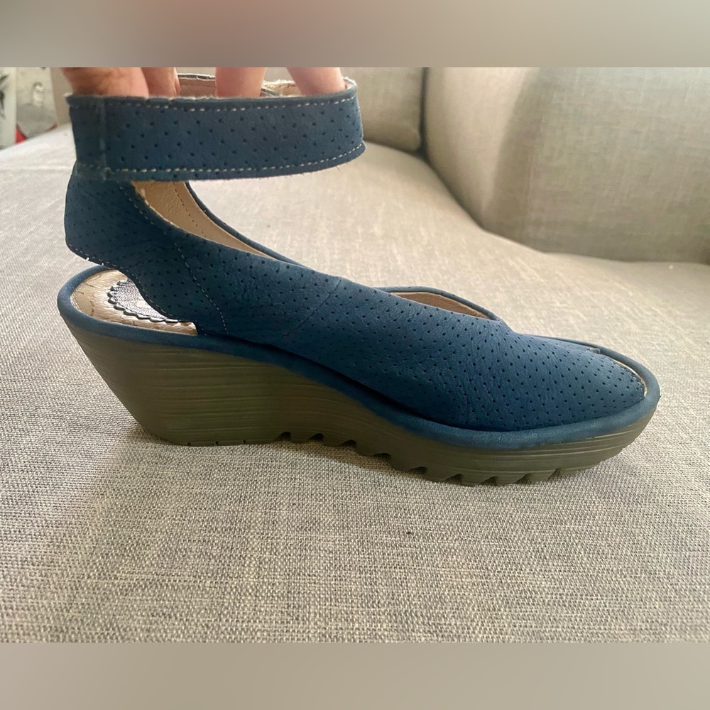 Fly London Navy Perforated Ankle-Strap Wedge